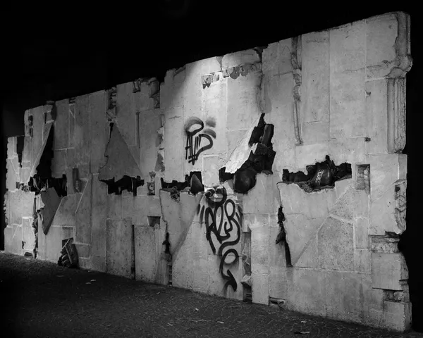 A torn and graffiti-covered wall on Rue Quincampoix in Paris, layers of ripped posters revealing the raw texture of the city beneath