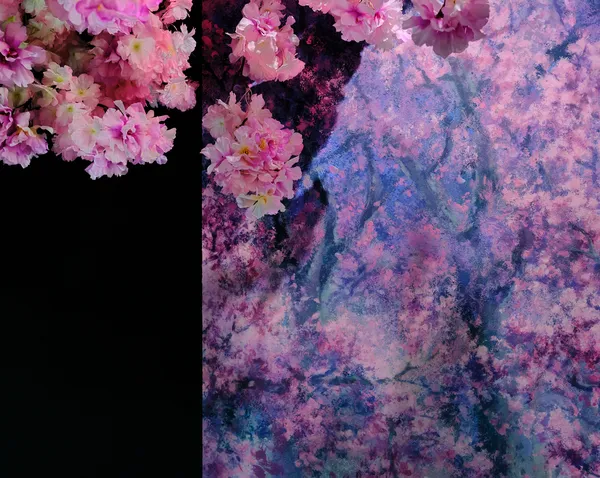 Pink cherry blossoms cascade over a painted mural of blooming trees in Paris, reality and art merging in a dreamlike explosion of color